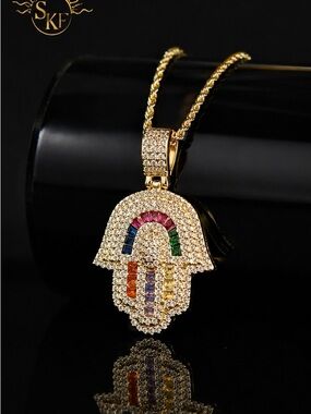Hamsa Hand Rainbow CZ Pendant Necklace 18” Gold Plated Protection Charm